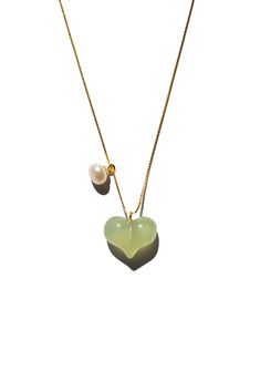 seree-puffed-heart-green-jade-pearl-pendant-necklace Elegant Jade Pearl Necklace For Gift, Unique Handmade Jade Necklaces, Unique Adjustable Jade Necklace, Jade Heart Necklace, Heart-shaped Jade Jewelry For Gift, Puffed Heart Necklace, Puffed Heart, Jade Necklace, Pearl Pendant Necklace