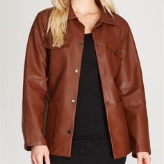 Brand New With Tags Faux Leather Jacket. Snap Front, Belt Sash, And Front Slip Pockets. Western Style Back Yolk, Longer Length. Chest 21" Flat. A Popular Stitch Fix Brand. Solid Leather Jacket With Snap Buttons For Fall, Brown Utility Jacket With Button Closure For Fall, Brown Utility Jacket For Fall, Brown Spring Utility Jacket With Snap Buttons, Spring Brown Utility Jacket With Snap Buttons, Brown Winter Utility Jacket With Snap Buttons, Brown Utility Jacket With Snap Buttons For Spring, Winter Brown Utility Jacket With Snap Buttons, Brown Button-up Leather Jacket For Fall