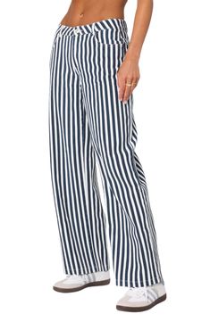 Neat stripes create a vintage-chic aesthetic on these nonstretch wide-leg jeans updated with a low-rise waist. Zip fly with button closure Front scoop pockets; back patch pockets 100% cotton Machine wash, dry flat Imported Slim Fit Cargo Pants, Dad Jeans, Curve Jeans, Striped Jeans, Kids Swimwear, Jeans Kids, Swimwear Dress, Low Rise Jeans, Slim Fit Pants