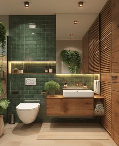 a bathroom with green tile and wooden accents, including a white toilet next to a sink