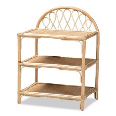 a bamboo and wicker shelf with two shelves on each side, against a white background