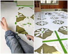 two pictures one is being painted and the other is laying on the floor with green tape