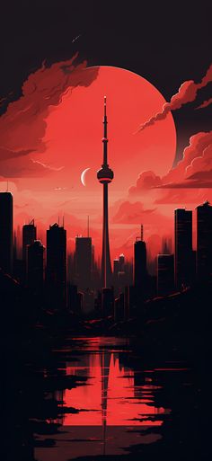 Rich red aesthetic view of the Toronto skyline including the CN Tower. Lock Screen Wallpaper Red Aesthetic, Toronto Aesthetic Wallpaper, Red Anime Aesthetic Wallpaper, Rich Red Aesthetic, City Wallpaper Aesthetic, Orange Sunset Aesthetic, Deep Red Wallpaper