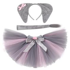 a gray and pink tutu skirt with matching headband, bow tie and ears