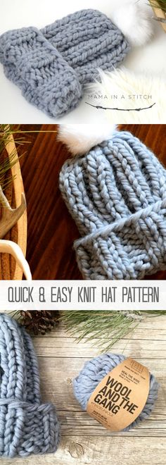 knitted hats and mittens with text overlay that says quick 8 easy knit hat pattern