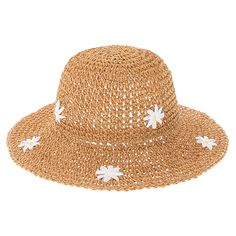 Petite Crocheted Hat with Daisies - Boardwalk Style Wide Brim Sun Hat Boardwalk Style Hats DA2961 Brown XS (54 cm) White Woven Straw Hat For Spring, Summer Vacation Hat With Flower Shape, Summer Vacation Hats With Flower Shape, Lightweight Straw Crochet Hat For Spring, Spring Crochet Hat For Beach, Woven Style, Spring Beach Crochet Hat With Flower Shape, Spring Crochet Hat For Beach, Adjustable White Straw Bucket Hat, Spring Lightweight Straw Crochet Hat