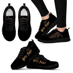 harry potter sneakers with gold lettering on the front and bottom, along with two pairs of black