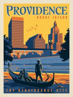 an image of a poster for providence rhode, featuring two men in a boat on the water