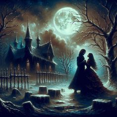 a painting of two people standing in front of a castle with a full moon behind them