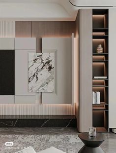 a living room with marble flooring and white walls, along with bookshelves