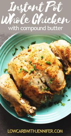 a close up of a chicken on a plate with herbs and seasoning around it