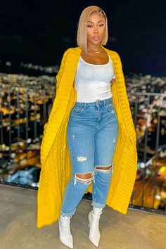 Sweater Season, Yellow Cardigan, Cardigan Outfits, Cute Swag Outfits, Black Women Fashion, Winter Fashion Outfits