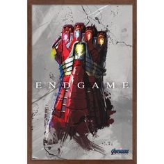 the avengers endgame poster is displayed in a wooden frame