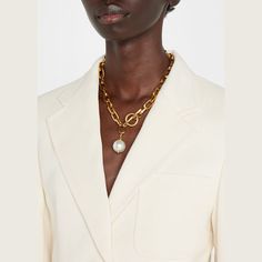 Ben-Amun necklace Approx. 17 inches 24-karat gold electroplating Round white pearly bead Toggle clasp Made in USA Ben Amun Necklace, Beaded Toggle Clasp, Toggle Necklace, Toggle Clasp, Bergdorf Goodman, Gold Chain, Gold Chains, Pear, Made In Usa