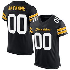 Order the jersey with special name & number you want from our shop, making a vibrant look on the field or daily life! Features: 1. Material: 100% Recycled Polyester-Body; 88% Nylon/12% Spandex-Neckline, Sides, Sleeves 2. Fit: Authentic jerseys have an athletic cut that fits snug in the chest and shoulders. 3. Stitched tackle twill name and numbers 4. Sublimated stripes on sleeves 5. Zone stretch fabric for enhanced movement; Tailored fit designed for movement 6. Moisture-wicking fabric has spong Name Print Jersey For Sports Events, Sporty College Jersey With Name Print, Team-colored Jersey With Name Print, Sporty Jersey With Name Print For Sports, Black Varsity Jersey For Team Events, Customizable Black Sporty Jersey, College Sportswear Jersey With Team Name, Customizable Sporty Black Jersey, Sporty Black Customizable Jersey