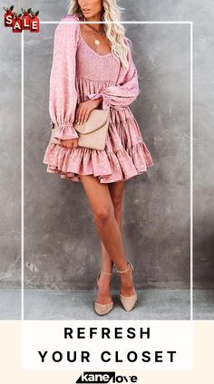 Hot Stamping Ruffles Elastic Puff Sleeve Mini Dress Mini Dress Hot, Puff Sleeve Mini Dress, Mini Dress Fashion, Pleated Midi Dress, Petite Outfits, Dress Size Chart, Spring Outfits Casual, 50's Dress, Mini Dress With Sleeves