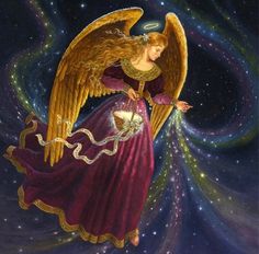 an angel in purple dress with gold wings flying through the night sky and shining stars