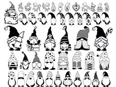 a large set of cartoon gnomes with different hats