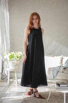 "Black Maxi Dress, Linen Summer Dress, Sleeveless Linen Dress ♠ Designed entirely in natural linen, this maxi length sleeveless summer dress is a seasonal essential. A minimalist piece that has a classic, slightly A-lined airy cut that complements all the body shapes. Featuring round neck, wide straps, comfy side pockets and a tie knot closure at the back. Style with casual flats for a comfy and breezy daily look or add a pair of heeled sandals for an effortless and alluring evening ensemble. ♠ Black Sleeveless Linen Dress Casual, Casual Black Sleeveless Linen Dress, Black Sleeveless Linen Dress For Spring, Black Sleeveless Linen Dress For Summer, Sleeveless Black Linen Dress For Spring, Elegant Black Sleeveless Linen Dress, Black Sleeveless Linen Dress For Daywear, Sleeveless Black Linen Dress For Daywear, Black Sleeveless Sundress For Daywear