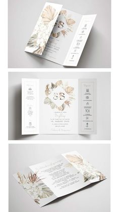 three different views of the inside of a folded wedding card with flowers and leaves on it