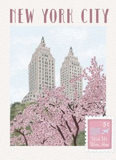 a postcard with the words new york city and cherry blossoms in bloom on it