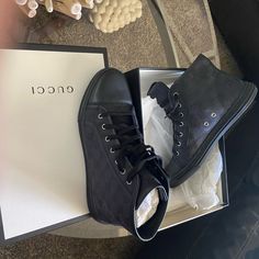 Size 41-10.5 Ladies But Are Unisex Gucci Black Sneakers Like New In Box Wore Once. All Offers Considered Gucci Leather Sneakers With Laces, Gucci High-top Lace-up Sneakers, Gucci Lace-up High-top Sneakers With Rubber Sole, Gucci Leather High-top Sneakers With Laces, Designer Gucci Sneakers With Laces, Gucci Leather High-top Sneakers, Designer Gucci Sneakers, Gucci Lace-up Sneakers With Perforations, Gucci Leather Sneakers With Perforations