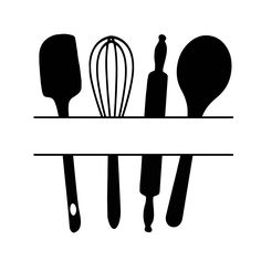 kitchen utensils and whisk silhouetted on a shelf with a white background