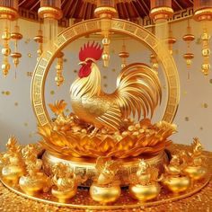 a golden rooster statue surrounded by gold decorations