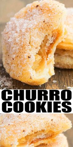 there are two pictures of some sugar covered doughnuts with the words churro cookies on them