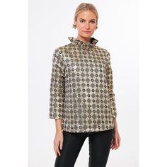 Elevate Your Wardrobe With This Stunning Tuckernuck Champagne Toast Faye Blouse. The Blouse Features A Solid Pattern With A Collared Neckline And 3/4 Sleeves That Add A Touch Of Sophistication To Your Outfit. The Gold Metallic Material And Ruffle Accents Make It Perfect For Any Occasion, Whether It's A Wedding, Party, Cocktail, Or Garden Tea Party. This Blouse Is A Must-Have For Any Fashion-Forward Woman Who Wants To Embrace A Classic And Preppy Style. It's A Regular Fit And Available In Size Sm Fitted Gold Tops For Work, Fitted Gold Top For Workwear, Elegant Festive Fall Tops, Elegant Long Sleeve Festive Tops, Chic Long Sleeve Blouse For Festive Occasions, Glamorous Fall Workwear Blouse, Chic Gold Blouse For Festive Occasions, Festive Gold Blouse For Fall, Gold Festive Blouse For Fall