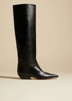 The Marfa Knee-High Boot in Black Leather– KHAITE Black Leather Knee High Boots, Knee High Boots Flat, Pre Fall Collection, Fit Details, Casual Chic Outfit, Classic Chic, Footwear Design Women, Pre Fall, Boot Shop