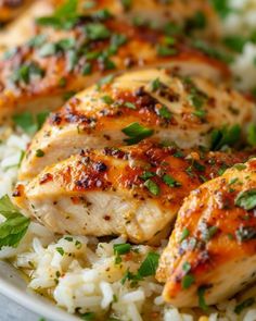 chicken and rice on a plate with garnishes