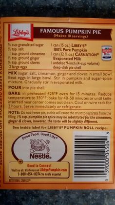 the back of a box for pumpkin pie