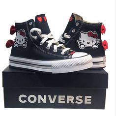 Converse Women's Chuck Taylor All Star High Top Custom Made Hello Kitty Sneakers *Custom Made To Order. *Available In Most All Sizes *With Red Hearts And Handmade Classic Hello Kitty Bows In Red. *Brand New In Box. Runs Half Size Large. Canvas Upper Is Lightweight And Durable. Iconic Chuck Taylor Ankle Patch. Smartfoam Sockliner For Comfortable All-Day Play. Medial Eyelets Enhance Airflow. Double-Decker Platform Foam/Rubber Outsole Please Specify The Size You Are Ordering, And A Custom Pair Will Cute Black Low-top Sneakers, Black Cute Low-top Sneakers, Cute Black Lace-up Sneakers, Hello Kitty Sneakers, Hello Kitty Converse, Classic Hello Kitty, Cute Converse Shoes, Cute Converse, Converse Womens