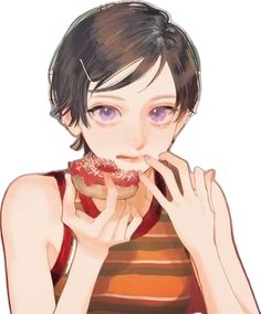 a woman eating a donut while wearing a striped shirt and holding her hands to her mouth