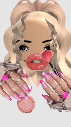 a woman's hand with pink manicures holding a makeup brush and lipstick in front of her face