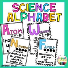 three posters with the words science alphabets and their corresponding letters, including one for each letter