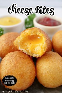 cheese bites on a plate with dipping sauce