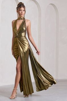 Dress With Drape, Gold Maxi Dress, Club L London, Dare To Dream, Leg Split, Black Dress Prom, Strappy Stilettos, Black Tie Gala, Split Maxi Dress