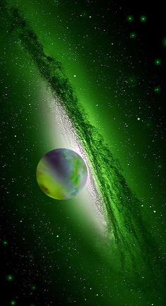 an artist's rendering of a green planet in the center of a star field