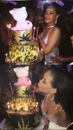 a woman is kissing a cake with candles on it