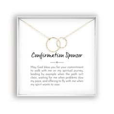 "Confirmation Sponsor Gift for Women Sponsor Confirmation Necklace Gifts for Sponsors Religious Thank You Gift, 14kt Gold Filled Rose Silver D E T A I L S  Our best selling necklace!   A set of interlocking circles hangs beautifully from our sparkly signature chain.  The permanently linked circles represent an unbreakable bond between two people. Classic, minimalist and dainty. Created in 14k gold fill or sterling silver Linked circles pendant measures 1\" wide x .65\" tall. Choose from a smooth or a hammered finish. Spring ring clasp. Handcrafted in our San Clemente studio. C Z   A D D   O N  To add a cz to your necklace copy/paste the link below and add it to the cart with the necklace  → https://etsy.me/3NC5NJt P A C K A G I N G * Every order comes beautifully packaged, ready for giftin Confirmation Gifts For Sponsor, Will You Be My Sponsor For Confirmation, Confirmation Sponsor Asking Ideas, Sponsor Gifts, Confirmation Sponsor Gifts, Confirmation Sponsor, Confirmation Necklace, Confirmation Party, Necklace Christian