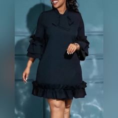 Never Worn Shein Plus Size Solid Color Tie Neckline Waist Ruffle Hem Dress Pleated Dress For Plus Size, Female Styles Fashion, Material Styles For Ladies, Loose Dresses For Women, Gowns For Ladies, Loose Short Dress, Dress For Ladies, Classy Short Dresses, Casual Dresses Plus Size