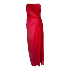 Monique Lhuillier Collection red & pink ombre pleated silk chiffon draped strapless gown. A gorgeous gown, perfect for any big event. Strapless the bodice is done in ombre dyed pink to red silk chiffon. Diagonally pleated bodice drapes to the left side and is gathered and draped at the waist & hip, falling to the hem. The bodice is boned, the dress is fully lined in red silk. Closes at the back with a zipper & hook & eye at the top back. Fits like a size 4. In excellent wearable condition. All o Chiffon Drape Dress, Evening Dress Collection, Red Chiffon, Pleated Bodice, Strapless Gown, Monique Lhuillier, Pink Ombre, Gorgeous Gowns, Silk Chiffon