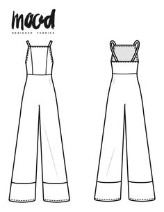 the front and back view of a jumpsuit sewing pattern, with straps on each side