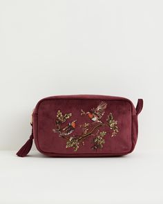 Effortlessly arrange your makeup must-haves or toiletries, with our Robin Love Embroidered Cosmetic Pouch adding an air of elegance to your routine. Meticulously crafted from sumptuous Redcurrent Velvet with detailed embroidery depicting two facing robins perched on a branch, encapsulating the profound meaning of luck, Embroidered Pouch, Pink Story, Swan Jewelry, Luxury Christmas Gifts, Daily Beauty Routine, Embroidered Velvet, Elegant Embroidery, Makeup Must Haves, Hair Slide