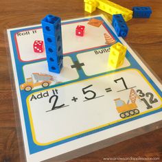 Roll It, Build it, Add It Printable Dice Game - Arrows And Applesauce Counting Practice, Snap Cubes, Maths Worksheets, Addition Games, Speech Path, Math Printables, Math Addition, Printable Kids, Math Methods