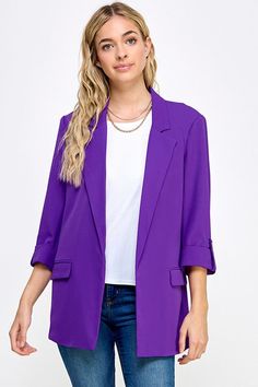 Purple 3/4 rolled sleeve blazer with front pockets 100% Polyester Career Blazer With Pockets, Casual Blazer With Lapel Collar For Career, Casual Single-breasted Career Blazer, Trendy Business Casual Blazer With Pockets, Spring Career Blazer In Solid Color, Single-button Career Blazer For Spring, Casual Half Sleeve Fall Outerwear, Spring 3/4 Sleeve Blazer With Pockets, Spring Blazer With 3/4 Sleeves And Pockets