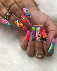 Crazy Summer Nails, Nail Ideas Gel, 3d Nails Art, Nail Designs Gel, Stiletto Nail Designs, Graffiti Nails, Crazy Summer, Neon Acrylic Nails, Angela Jones