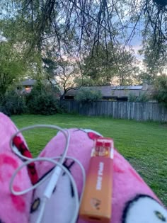 an electronic device sitting on top of a pink blanket in the grass next to a tree